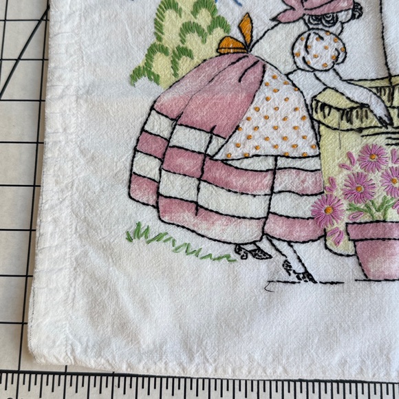 Vintage Hand-Embroidered Pillow & Case– 12' x 16” Farm Couple at the Well Scene - Picture 5 of 14